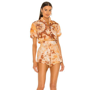 SWF puff sleeve orange tie dye bloom Linen romper size US XS